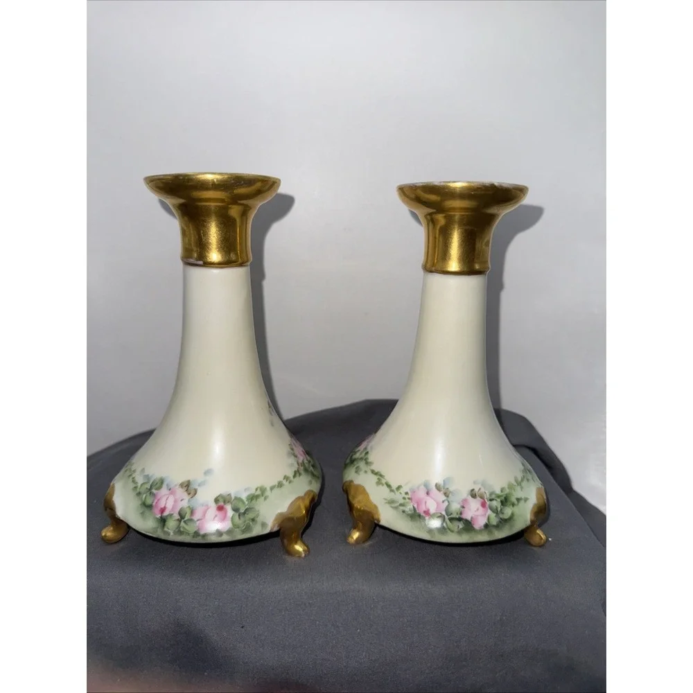 Limoges France Hand Painted Porcelain Candlesticks Gold Gilt Floral VTG Signed
